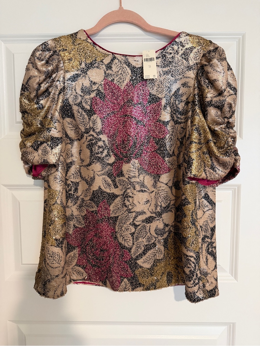 Anthropologie Shimmery Floral Puff-Sleeve Blouse in Pink, Gold, and Silver